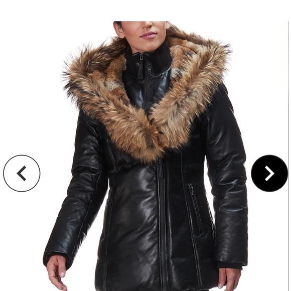 MACKAGE INGRID BLACK LEATHER DOWN COAT WITH FUR HOOD - Picture 12 of 14